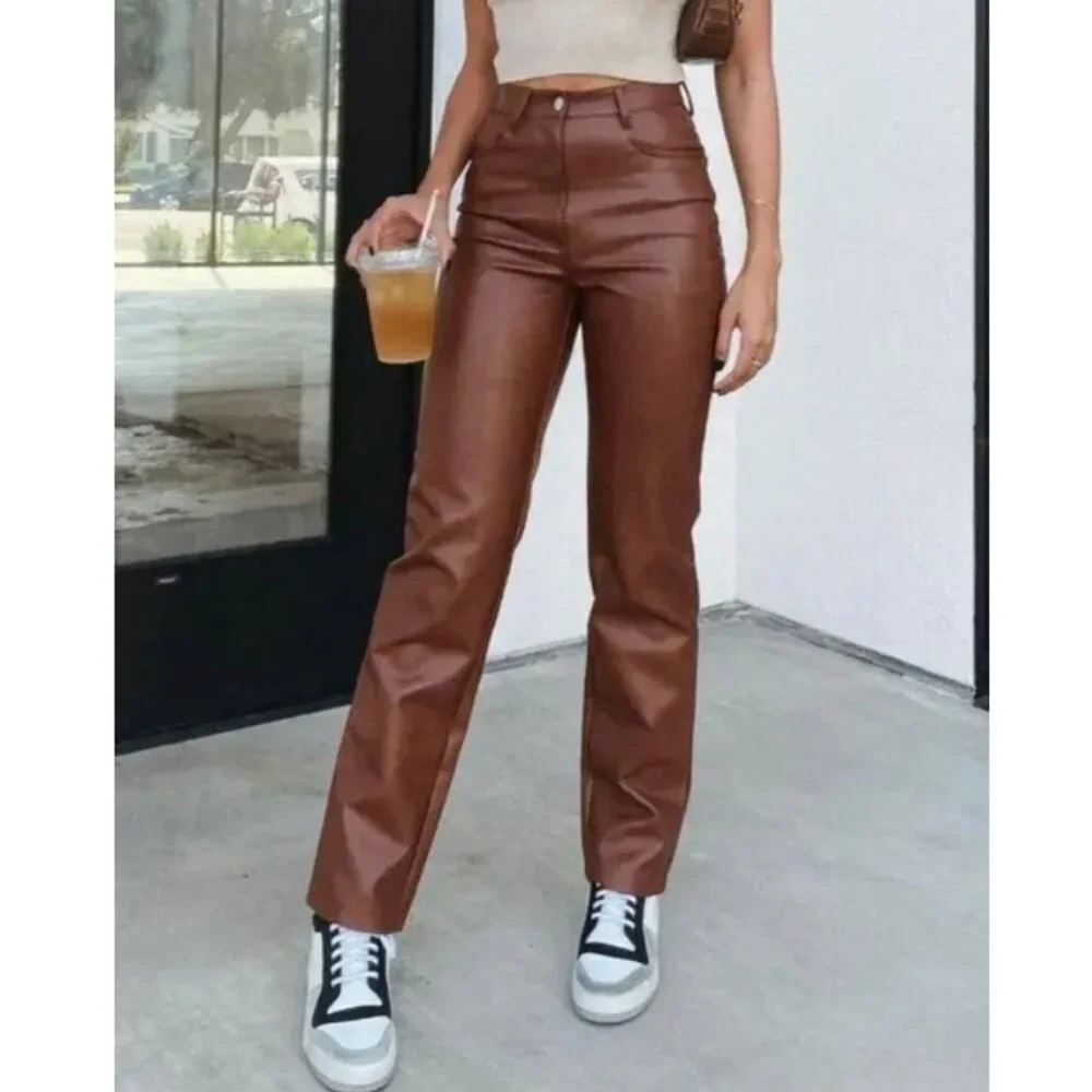Aritzia Wilfred The Melina Pant High Waisted Vegan Leather Pants Brown Size 4